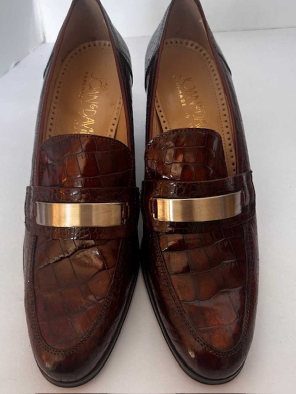 Joan & David  Bar Le Duc, Cognac, Crocodile Print Leather Pumps-Silver Bar